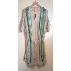 NWT Chico's Boho Fringe Crochet Cardigan Vest Linen Midi Duster Open Knit  L